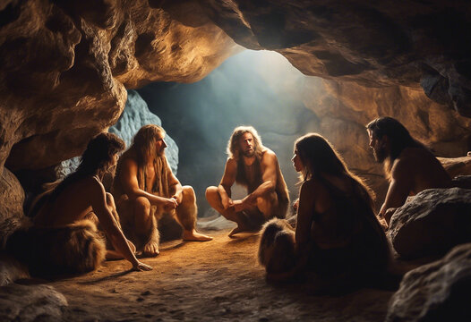 Neanderthal prehistoric people in the cave