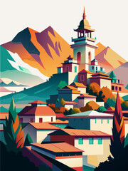 Serene Mountain Temple Landscape in Vibrant Illustrative Style
