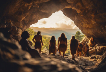 Neanderthal prehistoric people in the cave
