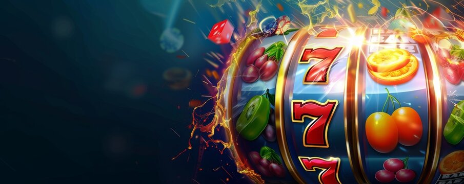 Slot machine showing lucky seven jackpot with exploding fruits and fire background