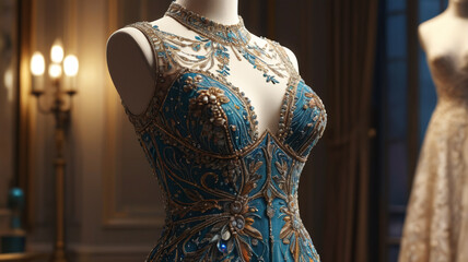 Obraz premium Capturing opulence, the stunning evening dress gracefully adorns the mannequin, sparkling with intricate beadwork, Generative AI