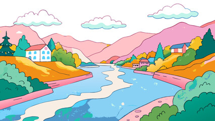 Pastel-Colored Countryside Landscape with River and Charming Houses