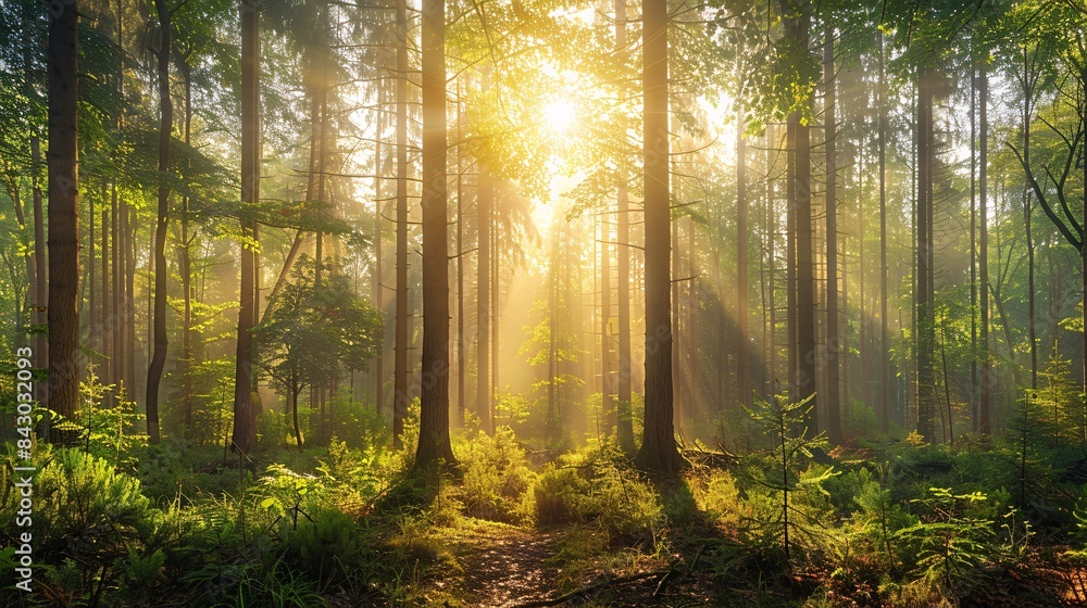 Poster a beautiful forest panorama with tall trees and sunlight filtering through the leaves, creating an e