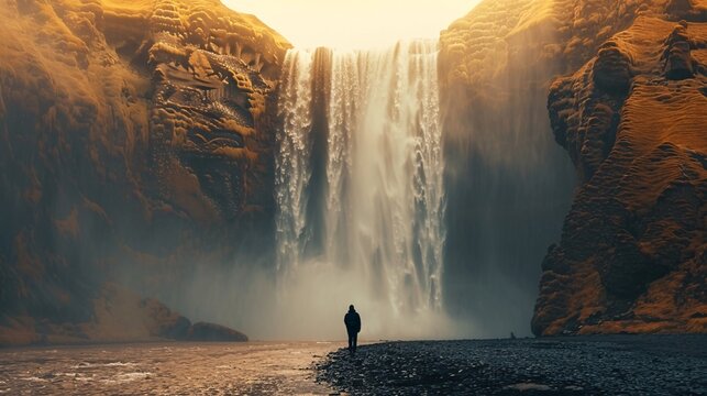 a cinematic photo of Skogafoss in Iceland, waterfall is wide and tall with mist coming off the top of it, a person stands at its base looking up to camera, low angle shot, unsplash photography style