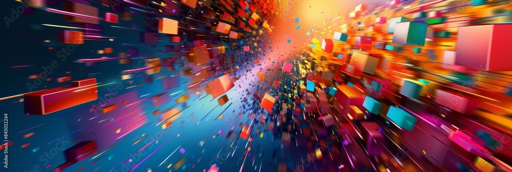 Poster brightly colored 3d cubes appear to be exploding outward from a central point. ai.