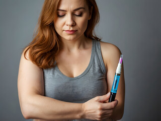 Woman injects herself with the drug Ozempic anti-diabetes pen into her arm at home. Weight loss and decreased blood sugar, concept idea. injector dosing pen for subcutaneous injection