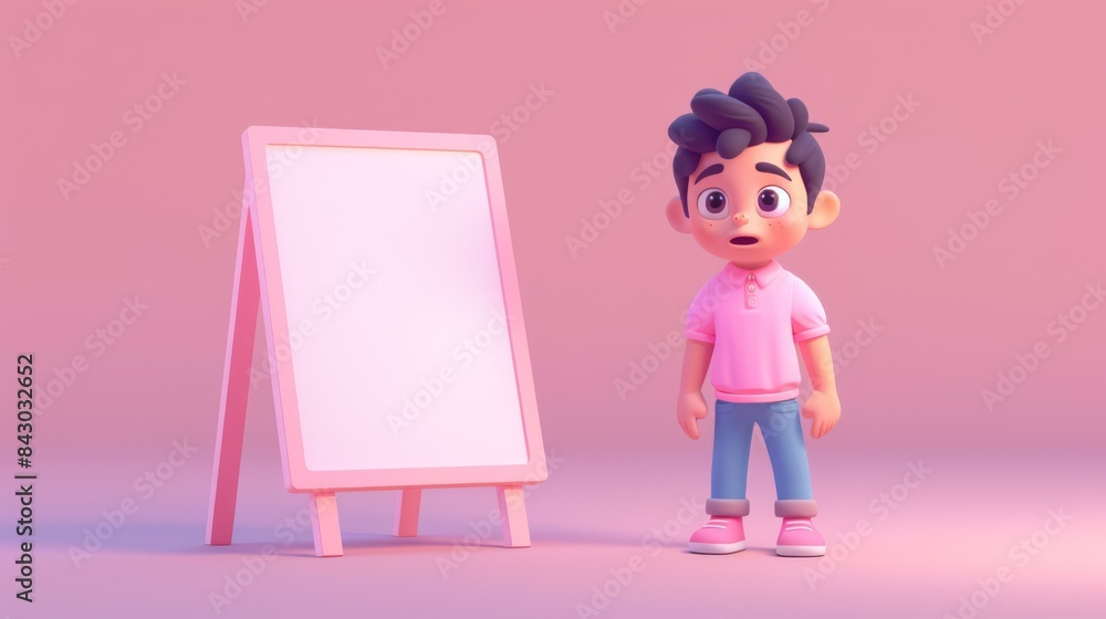 Poster a 3d rendering of a boy standing next to a blank sign. ai.