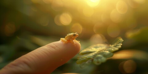 A tiny frog sits on a fingertip. AI.