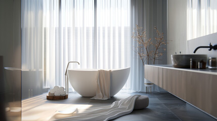 Luxurious modern bathroom with freestanding tub and soft natural light