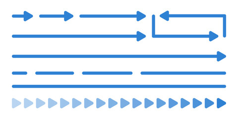青い矢印と直線と三角形のアイコンのセット - シンプルなポインター･方向のイメージ素材