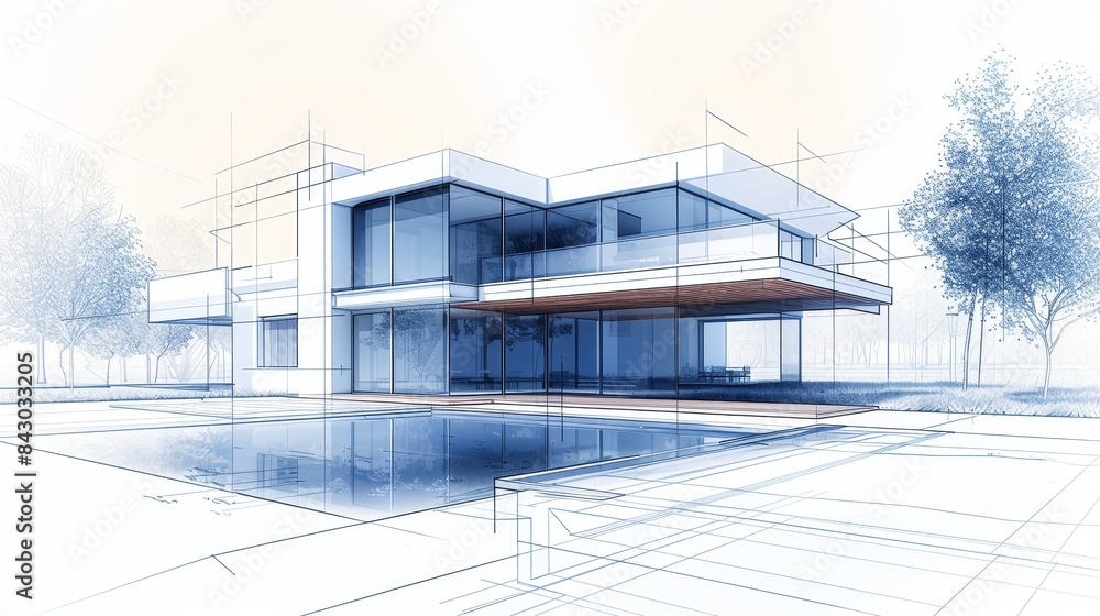 Poster abstract architectural blueprint of a contemporary house, merging realistic building models with wir