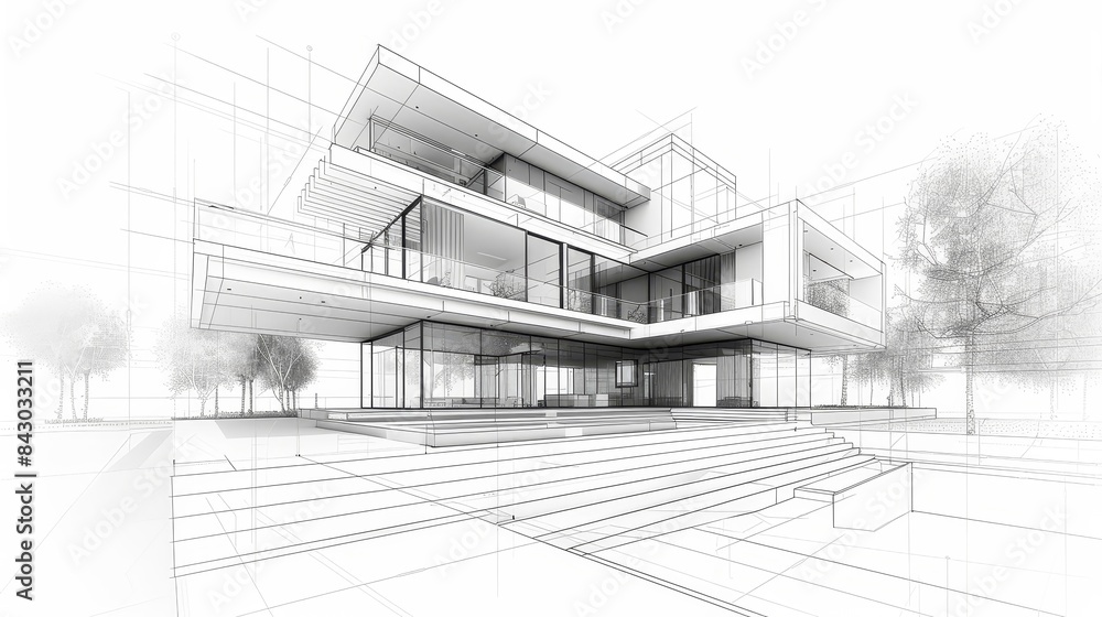 Poster abstract architectural blueprint of a contemporary house, merging realistic building models with wir