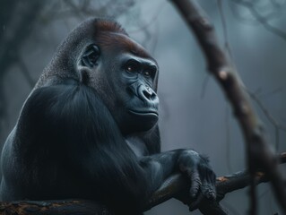 A gorilla sits on a tree branch in the jungle, looking out at the world with its piercing red eyes. AI.