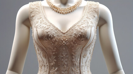 Obraz premium Radiating with elegance, the luxurious dress on the mannequin glistens with pearls and fine embroidery, Generative AI