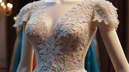The evening gown on the mannequin, adorned with intricate lace and flowing layers, epitomizes luxury and grace, Generative AI