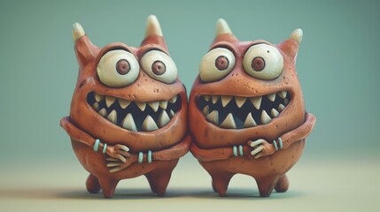 Two cute monsters with big eyes and sharp teeth are standing next to each other and smiling. AI.