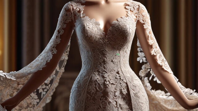 The evening gown on the mannequin, adorned with intricate lace and flowing layers, epitomizes luxury and grace, Generative AI