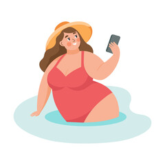 Summer holidays time. Happy woman taking a selfie with a smartphone. Beach vacation and relax. Concept illustration. Vector