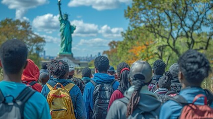 This image captures a professional photo of the iconic Statue of Liberty with tourists admiring the monument, highlighting its significance as a popular tourist destination and symbol of freedom