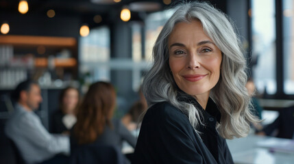 Smiling mature woman with grey hair at a professional workplace