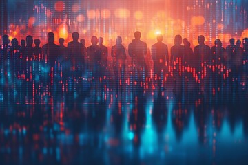 Silhouettes of business people on blue matrix