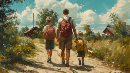 Obraz premium Illustration Of A Father Walking On The Street With His Children, Taking Them To School, Autumn Day, Father's Day