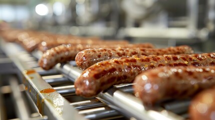 production of sausages or frankfurters at a meat factory. sausage production line conveyor belt