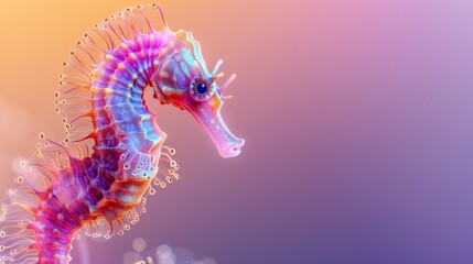 Fototapeta premium Detailed 3D Seahorse With Bright Translucent Spines And Curved Tail Floating In Purple And Orange Ocean Light