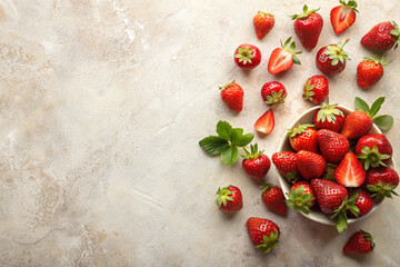 strawberries on minimal light ivory background, empty negative space