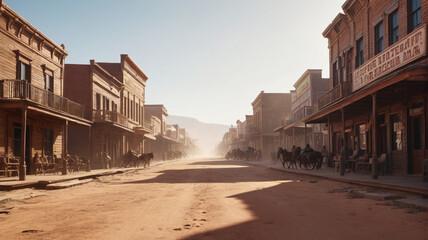 The dusty main street comes alive with a tense duel at high noon, showcasing the iconic bravery of the Wild West, Generative AI