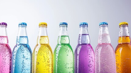 Assortment of sparkling and still water bottles in vibrant studio closeup.