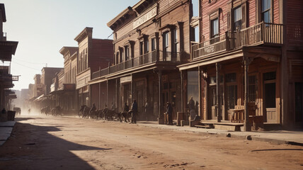 The dusty main street comes alive with a tense duel at high noon, showcasing the iconic bravery of the Wild West, Generative AI