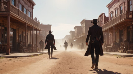 The dusty main street comes alive with a tense duel at high noon, showcasing the iconic bravery of the Wild West, Generative AI