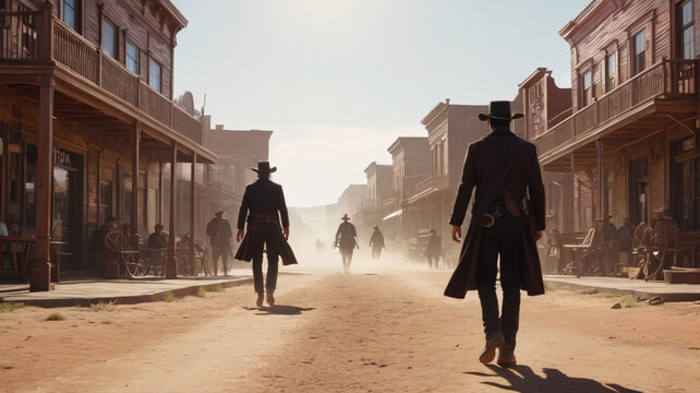 The dusty main street comes alive with a tense duel at high noon, showcasing the iconic bravery of the Wild West, Generative AI