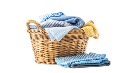 Clean clothes and Wicker basket isolated on transparent background.