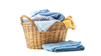 Clean clothes and Wicker basket isolated on transparent background.