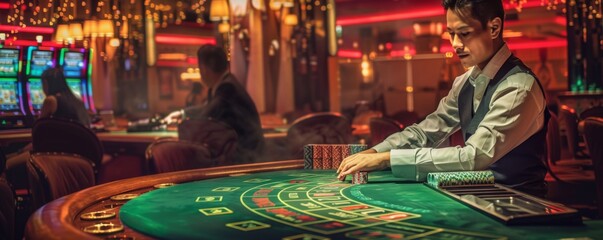 People have fun with black jack table in casino, concept of gambling banner. Generative AI.