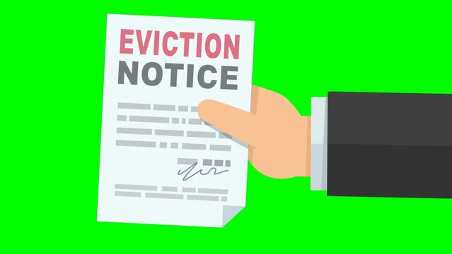 Animation of a hand presenting an eviction notice from the right on green screen, transparent background with alpha channel (flat design)