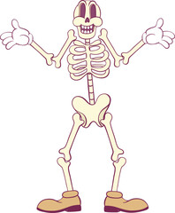 Retro groovy skeleton cartoon character
