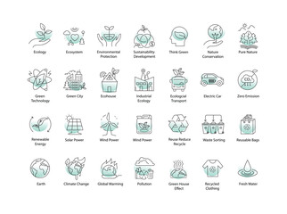 Eco-Friendly and Sustainable Icons - Renewable Energy, Environmental Protection, Green Technology, and Conservation Illustrations, with editable stroke.