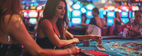 People have fun with black jack table in casino, concept of gambling banner. Generative AI.