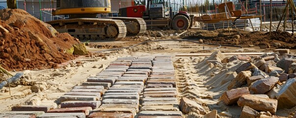 Hardscape site view with detailed brick paver placement and construction equipment