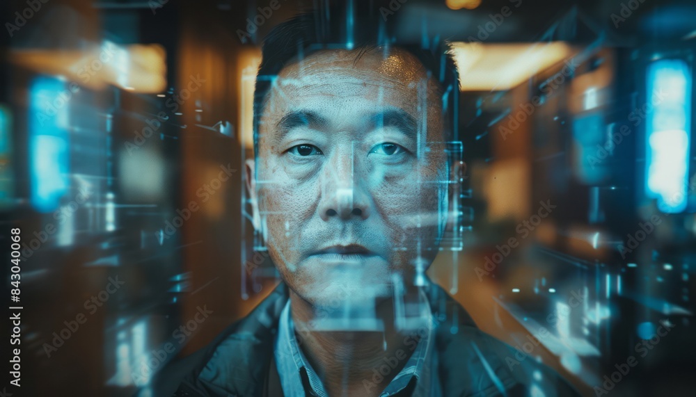Poster man standing in front of a digital interface at night
