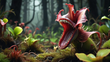 In the shadowy forest, the carnivorous plants snap and snarl, their jaws dripping with the remains of unfortunate creatures, Generative AI