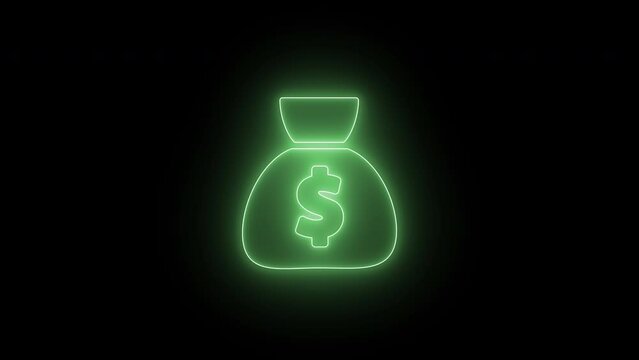 Icon bag with money, neon styled, vj loop animated, alpha transparent background. 