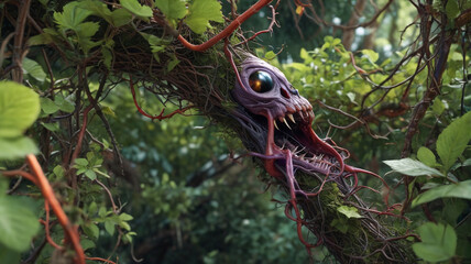 Fototapeta premium Hidden in the underbrush, the venomous vines lash out, their toxic thorns ready to inject deadly poison into any living being, Generative AI