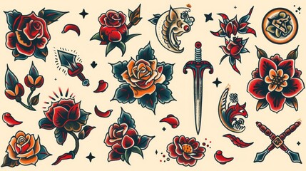 Intricate American traditional tattoo featuring vibrant old-school roses and dagger motifs, showcased on a clean background.