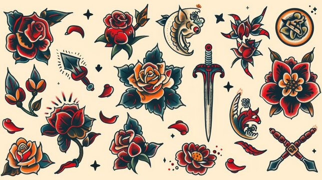 Intricate American traditional tattoo featuring vibrant old-school roses and dagger motifs, showcased on a clean background.