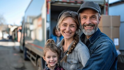 Happy Family Moving Day In Front Of Truck