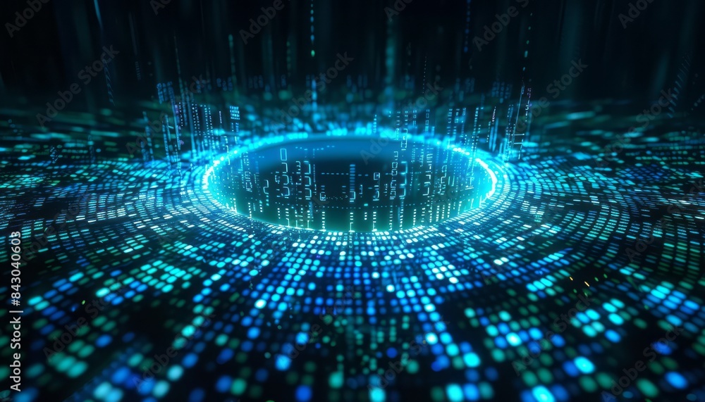 Poster abstract digital data network with glowing blue ring and binary code